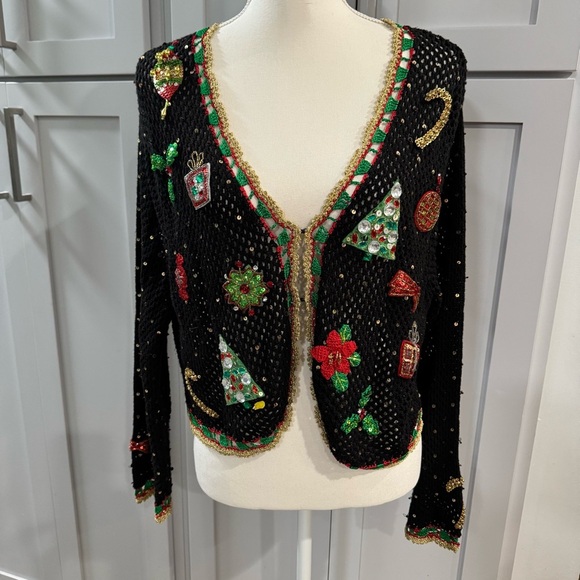 Berek Crocheted Beaded Short Holiday Christmas Cardigan Sweater Black Gold XL - Picture 1 of 7